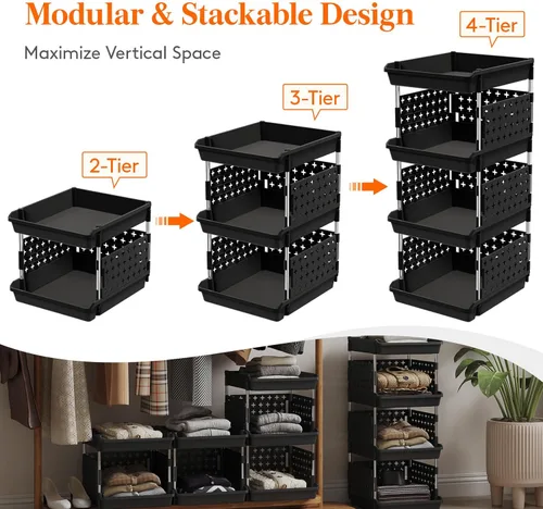 Miniatura 5 de Lifewit Cestas de Almacenamiento Apilables de Plástico, Contenedores Apilables de 4 Niveles 13.8"P x 11.8"A x 28.3"Al, Contenedores Multifuncionales