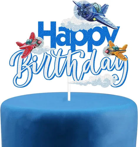 Miniatura 9 de Decoración azul para pastel de 1er cumpleaños con diseño de avión y vuelas, decoración de fiesta de baby shower azul con purpurina - Decoración