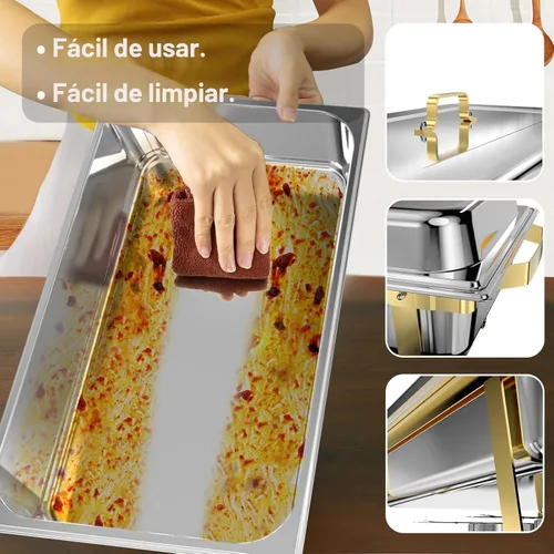 Miniatura 6 de Platos de roce para buffet, paquete de 4, 11 cuartos cuadrados [tamaño grande y resistente] Calentadores de alimentos de acero inoxidable para Oro