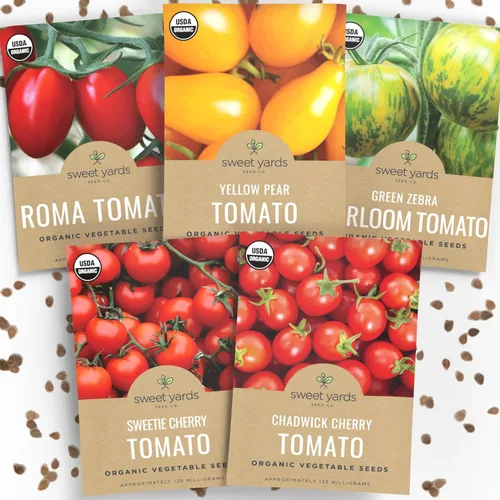 Paquete variado de semillas de tomate cherry orgánico, 5 paquetes individuales, temporada 2026, cebra verde, cereza dulce, chadwick, pera amarilla y