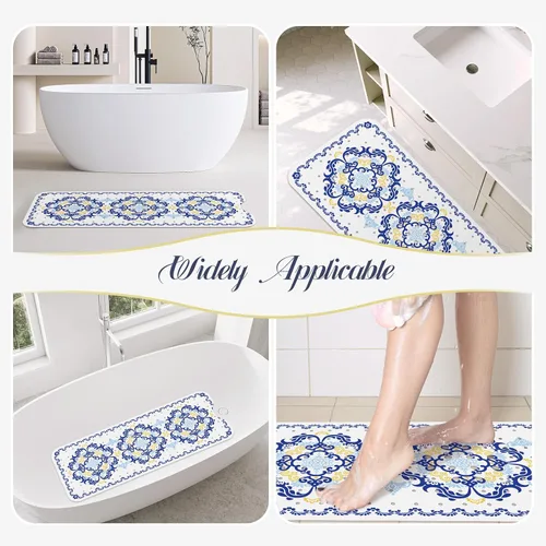 Miniatura 7 de SHUCHING - Alfombra de baño antideslizante azul para bañera de 40 x 16 pulgadas, estilo bohemio Tapete de bañera para ancianos sin moho, tapete