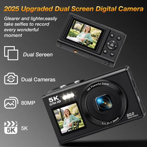Miniatura 2 de Cámara digital de pantalla dual 5K para vlogging, cámara WiFi de 80MP con pantalla frontal, zoom 18X, luz de relleno, incluye tarjeta de 64GB y 2