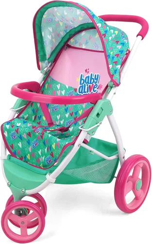 Baby Alive: Cochecito de muñeca para correr - Verde, Rosa, Corazones - Accesorio para muñecas de hasta 24", Diseño plegable, Toldo retráctil,