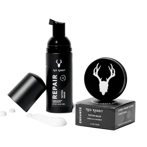 Mad Rabbit Kit de cuidado posterior para tatuajes, bálsamo para tatuajes y jabón de espuma para tatuajes, cuidado de tatuajes nuevos, hidratante de