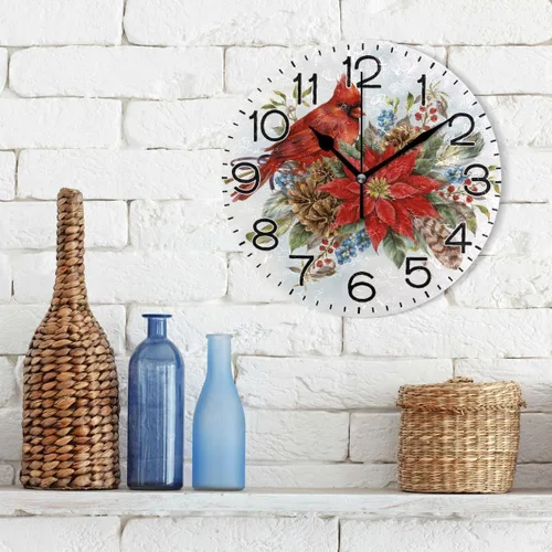 Miniatura 3 de Reloj de pared con diseño de flor de pascua de Navidad y pájaro de invierno, funciona con pilas, sin tictac, silencioso, de cuarzo, analógico, Flor