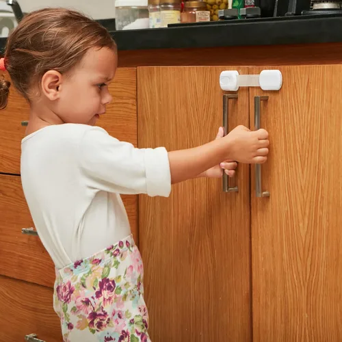 Miniatura 8 de Cerraduras de correa de seguridad para niños (paquete de 4) cerraduras para bebés para armarios y cajones, inodoro, refrigerador y más. Almohadillas