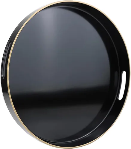 Miniatura 6 de Bandeja decorativa redonda negra con asas, bandeja versátil de 13 pulgadas para mesa de café, otomana, ideal para servir, exhibir y organizar