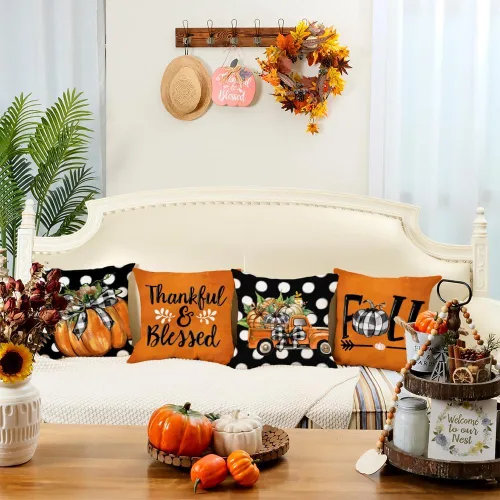 Miniatura 2 de GEEORY Juego de 4 fundas de almohada de otoño de 18 x 18 pulgadas, diseño de lunares, búfalo con nudo de lazo, calabazas, camiones, agradecimiento