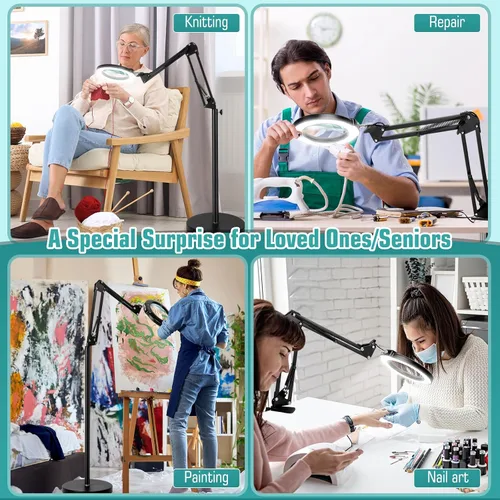 Miniatura 7 de Lupa 12X con luz y soporte, lente de cristal real (no acrílica), 5 modos de color, regulable continuo, lámpara de pie LED 3 en 1, brazo oscilante