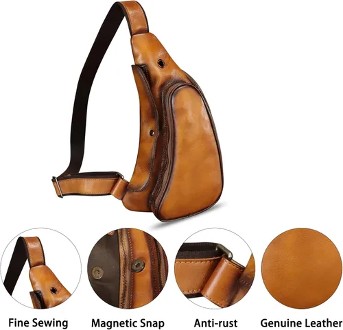 Miniatura 2 de Bolso de cuero genuino para mujeres y hombres, mochila de cuero retro para el pecho, bolso cruzado