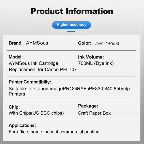 Miniatura 2 de Cartucho de tinta compatible PFI-707 de repuesto para Canon PFI-707 PFI-707C para impresoras Canon imagePROGRAF iPF830 840 850mfp (23.7 fl oz cian)