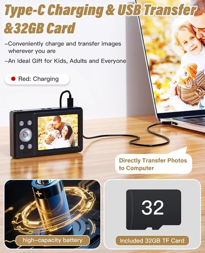 Miniatura 5 de Nueva cámara digital 2025, 56MP FHD 1080P para niños con zoom digital de 16x, antivibración, detección facial, captura de sonrisas, tarjeta TF de 32