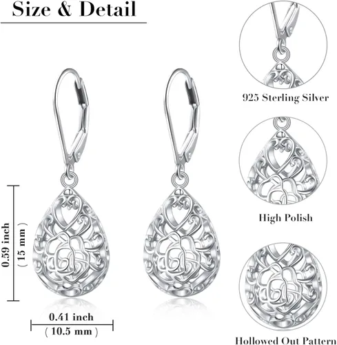 Miniatura 102 de Aretes colgantes de filigrana de plata de ley 925, margarita, loto, flor de rosa, piedra lunar, lágrima para mujer, nudo celta infinito, margarita