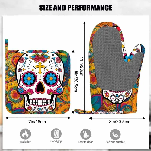 Miniatura 3 de Mxocom Art Floral Sugar Skull - Juego de guantes de silicona para horno y soportes para ollas, guantes de barbacoa para cocina, cocina, hornear