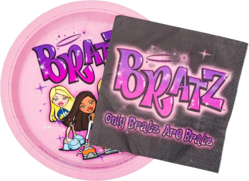 Silver Buffalo Bratz Dolls con Yasmin, Sasha, Jade y Cloe Juego de 32 piezas de vajilla desechable para fiestas: platos de papel y servilletas Bratz