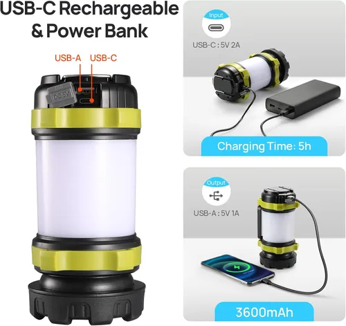 Miniatura 4 de Linterna LED de camping recargable (paquete de 1), linterna portátil Consciot con 6 modos de luz, banco de energía de 3600 mAh, IPX4 impermeable