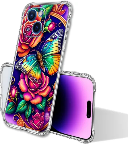 Miniatura 4 de Funda para iPhone 15, colorida mariposa flores protección contra caídas a prueba de golpes TPU cuerpo completo protector resistente a los arañazos