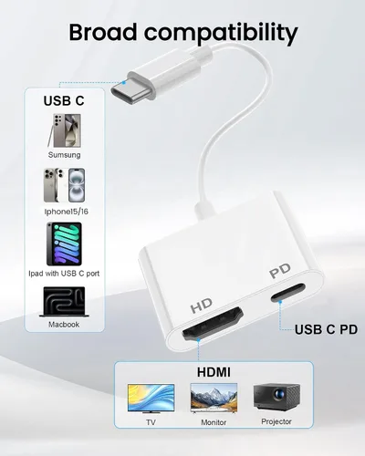 Miniatura 7 de AIRSKY Adaptador USB C a HDMI, adaptador USBC a HDMI para iPhone 16, carga rápida de 100W y 4K@60Hz, compatible con iPhone 16/15, MacBook Pro, iPad