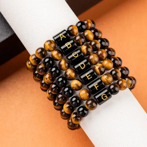 Miniatura 6 de FRG Brazalete con letra inicial del nombre, hecho a mano, las cuentas son de ónix negro u ojo de tigre, la cuerda es trenzada, un brazalete lleno