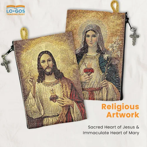 Miniatura 6 de Bolsa de rosario católico, Sagrado Corazón de Jesús y Corazón Inmaculado de María, 4 x 6 pulgadas, joyería y monedero con cruz, pequeña bolsa tejida