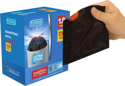Feisco Bolsa de basura negra de 1.8 galones, bolsa de basura con cordón pequeño, 120 unidades, 0.51 mil