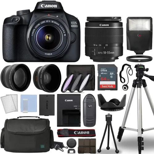 Cámara Canon EOS 4000D / Rebel T100 Cámara digital SLR con lente Canon EF-S 18-55 mm f/3.5-5.6, 3 lentes DSLR kit con paquete completo de