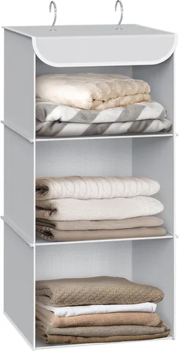 Miniatura 7 de Simple Houseware Organizador de armario colgante de 3 estantes, estantes de almacenamiento de tela con capacidad de 57 litros, gris oscuro