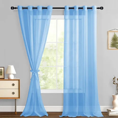 Miniatura 79 de Hiasan - Cortinas traslúcidas de gasa cortas semitransparentes con ojales y alzapaños filtrantes de luz para ventana, dormitorio, baño, 2 paneles