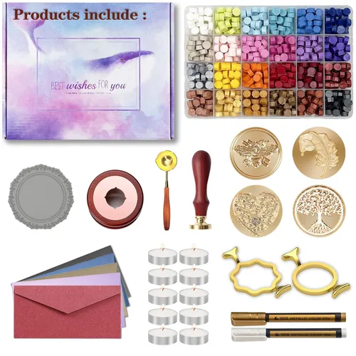 Miniatura 6 de Kit de sellos de cera con caja de regalo, 672 piezas de cuentas de sello de cera, 4 piezas de sellos de cera, 2 piezas de moldes de sellado de cera