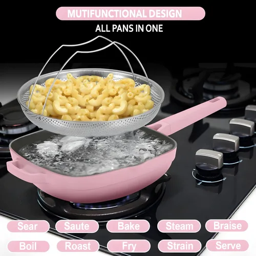 Miniatura 5 de Sartén antiadherente cuadrada de cerámica de 11 pulgadas con tapa y cesta de vapor, sartén profunda, aluminio fundido no tóxico sin PFAS, compatible