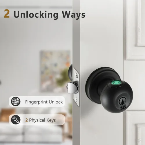 Miniatura 3 de Buoan - Cerradura de puerta de huellas dactilares, perilla inteligente de puerta con cerradura, cerradura de puerta biométrica negra, cerradura