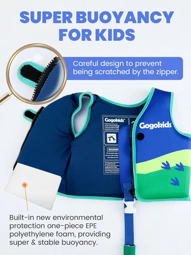 Miniatura 5 de Gogokids Chaleco de natación para niños de 1-2-3-5-7-9 años, chaqueta de natación de neopreno para niños con correa de seguridad ajustable y Azul
