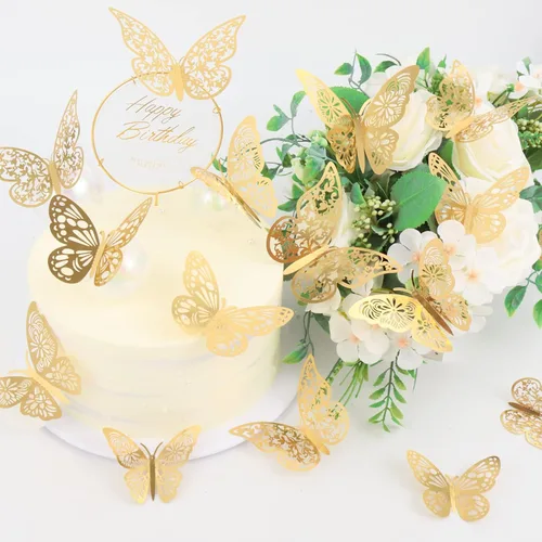 Miniatura 2 de 72 piezas de decoración de pared de mariposa, 3 estilos, 3 tamaños, mariposa dorada 3D, decoraciones de boda, decoraciones de fiesta de cumpleaños