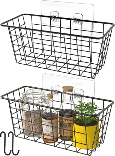 MaraFansie Cestas de cocina colgantes de alambre para almacenamiento sobre el organizador de la puerta del gabinete, cesta adhesiva sin taladrar