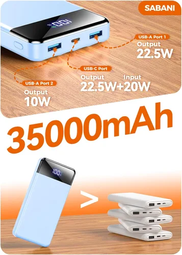 Miniatura 8 de Cargador portátil de 35000 mAh - Powerbank con 4 cables integrados, carga rápida de 22.5 W, paquete de batería esencial para viajes y campamentos