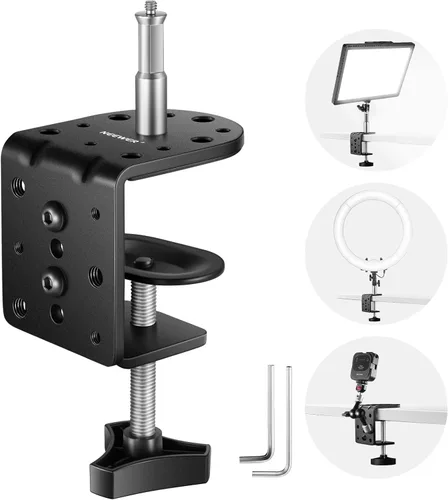 NEEWER Abrazadera C resistente con columna de montaje para soporte de luz, abrazadera de escritorio de metal ajustable con tornillos de 1/4" 3/8"