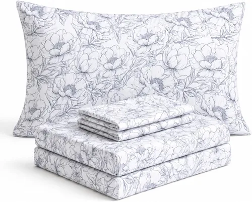 Juego de sábanas con estampado floral en blanco y negro para cama individual – Juego de 3 piezas de sábanas florales súper suaves con sábana bajera,