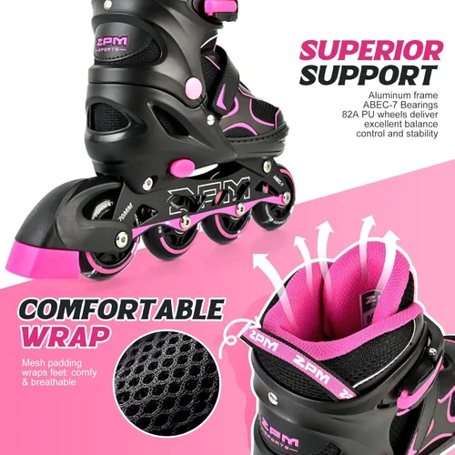 Miniatura 4 de 2PM SPORTS Patines en línea para niños y niñas, niños de 5 a 8 a 12 años, 4 a 6, 6 a 12 años, con ruedas iluminadas, cuchillas ajustables para Rosa