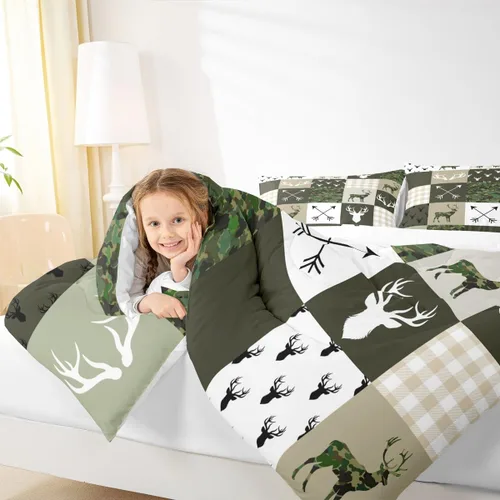 Miniatura 39 de Juego de edredón de cuernos de ciervo tamaño individual, juego de ropa de cama rústica de granja con huellas de oso y pinos para decoración