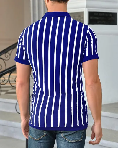 Miniatura 3 de Mens Striped Polo Shirts Black and White Striped Golf Shirts,Cotton Blend Knit Button Down Casual Summer Short Sleeve