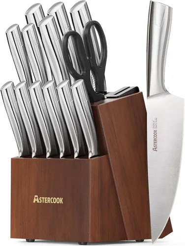 Astercook Juego de Cuchillos, Juego de Cuchillos de Cocina con Bloque y Afilador Full Tang 15 Piezas Cuchillos de Acero Inoxidable Premium Hoja