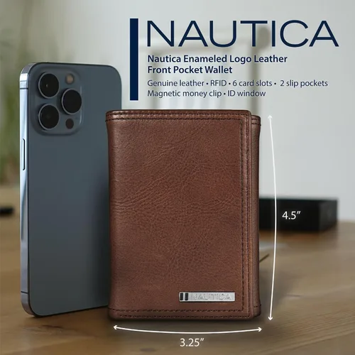 Miniatura 16 de Nautica Men's Trifold Wallet RFID Blocking Protection ID Window Card Slots Genuine Leather Durable