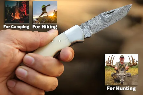 Miniatura 6 de Cuchillo de bolsillo de Damasco hecho a mano de 6.5 pulgadas para hombres, cuchillo de caza con funda para exteriores, camping, pesca, senderismo