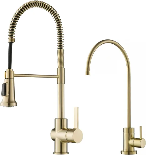 Miniatura 12 de Kraus Coda - Grifo de cocina de estilo comercial de una sola manija con 2 funciones, extraíble en latón cepillado sin manchas, KPF-1617BB
