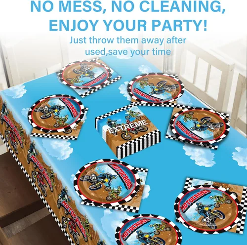 Miniatura 6 de Suministros para fiesta de cumpleaños de motocross sirve para 24 platos de papel para fiesta de motocicleta, juego de servilletas, mantel