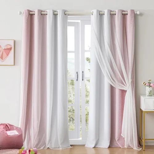 Miniatura 20 de Cortinas 100% opacas con superposición de gasa Mix and Match de doble capa, 54 pulgadas de largo, 2 paneles para dormitorio y sala de estar, azul