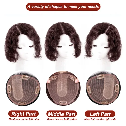 Miniatura 7 de Peluca de cabello humano rizado natural para mujer, con clip, 5.1 x 5.5 in, parte superior plateada, parte derecha para cubrir la pérdida de Marrón
