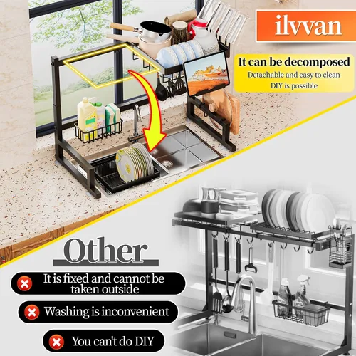 Miniatura 4 de ilvvan Escurridor de Platos Sobre el Fregadero (Altura/Longitud Expandible) Diseño de Enganche Gran Escurridor de Platos Organizador de Mostrador