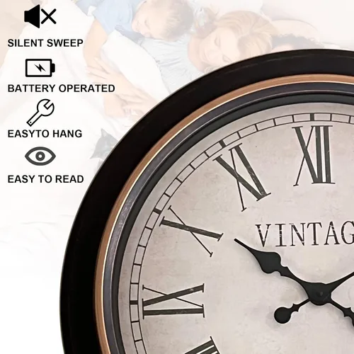 Miniatura 3 de Reloj de pared de 24 pulgadas retro redondo con números romanos grandes, movimiento silencioso sin tictac que funciona con pilas, reloj de pared