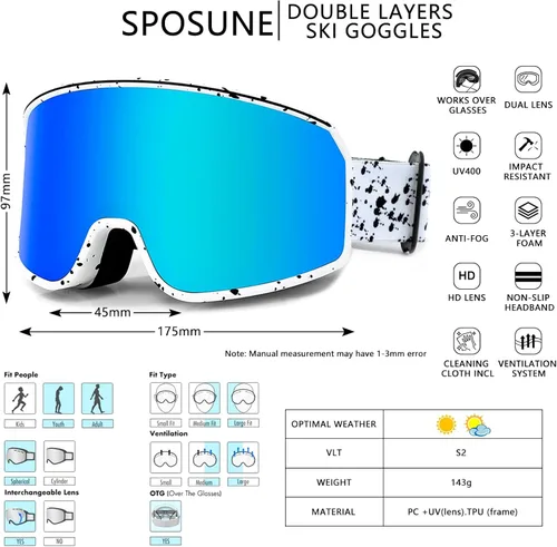 Miniatura 3 de SPOSUNE Gafas de esquí sobre gafas con doble lente Gafas de nieve antivaho anti-UV para hombres, mujeres, jóvenes, esquí, motos de nieve Lente